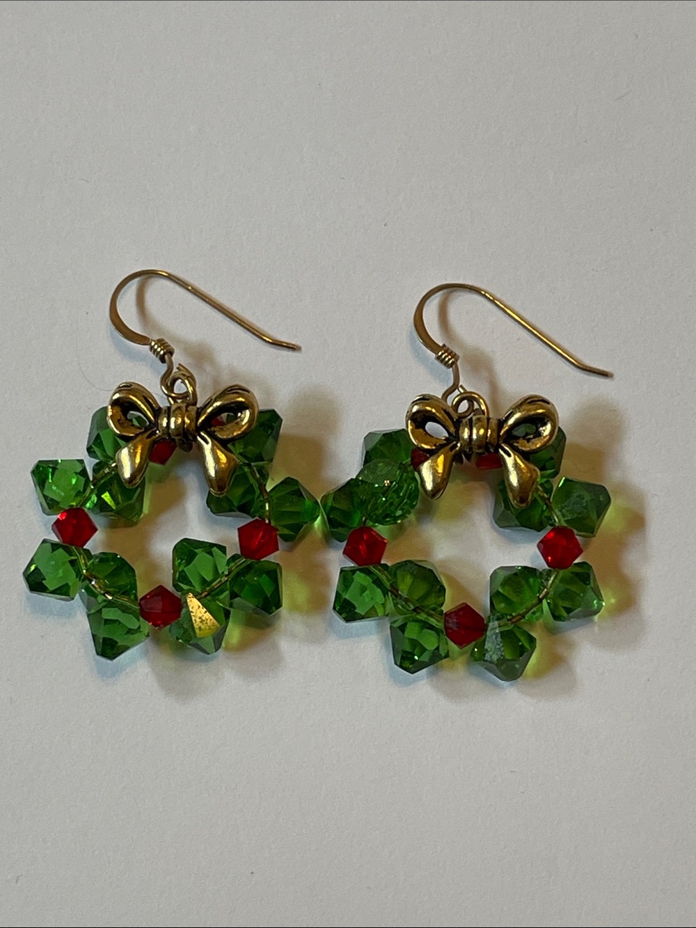 Gold Bow Green and Red Swarovski Crystal Wreath Drop Earrings - Holiday Sparkle